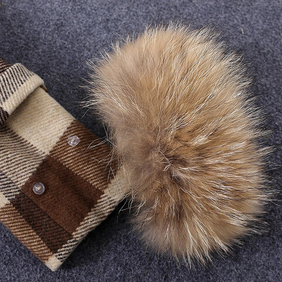 MAOMAOKONG 2022 Autumn Natural Real Raccoon Fur Collar Removable Cuffs Women Plaid Jacket Female Woolen Coat Winter Outerwear