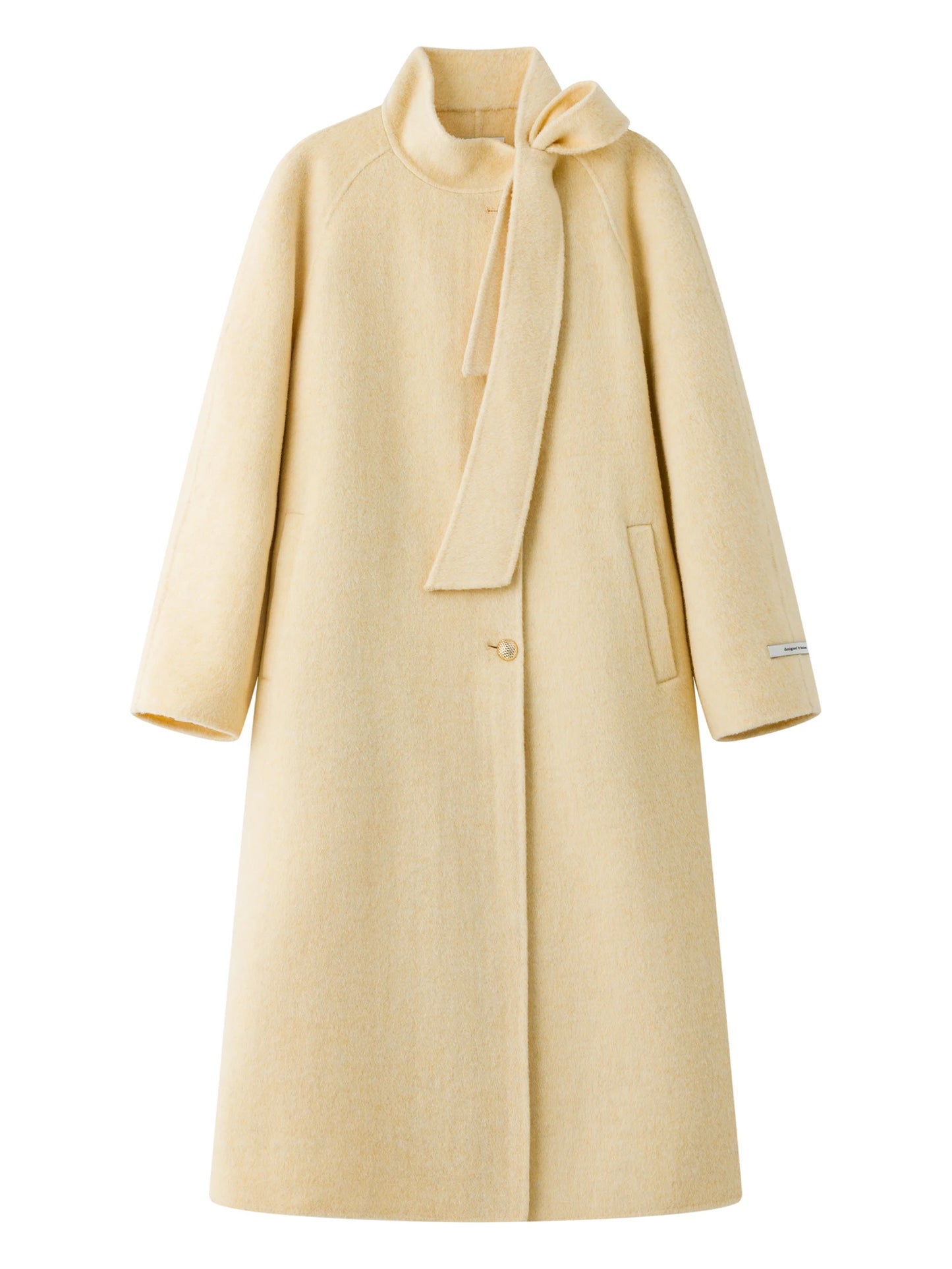 FSLE Winter 2025 Women Stand Collar Tie Detail Double Faced Wool Blend Coat - Long Length Elegant Outerwear for Casual Winter