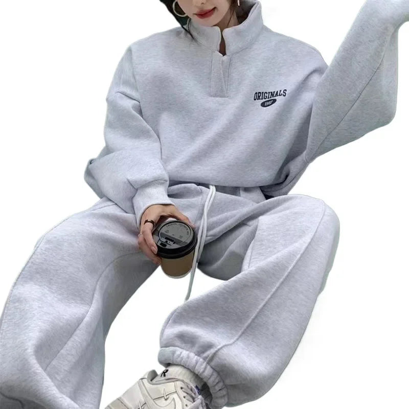 Women's Fleece Lined Hoodie And Pants Set Casual Sportswear For Running Autumn Winter New Fashion Street Style Two Piece Outfit