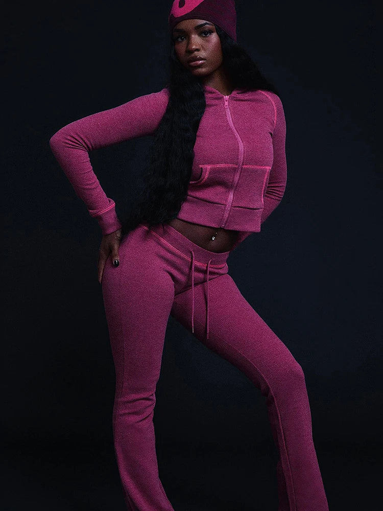 Weird Puss Hooded Tracksuits 2-Piece Set Women Zip Pocket Jacket+Drawstring Flare Pants Casual Sporty Simple Stretch Slim Outfit