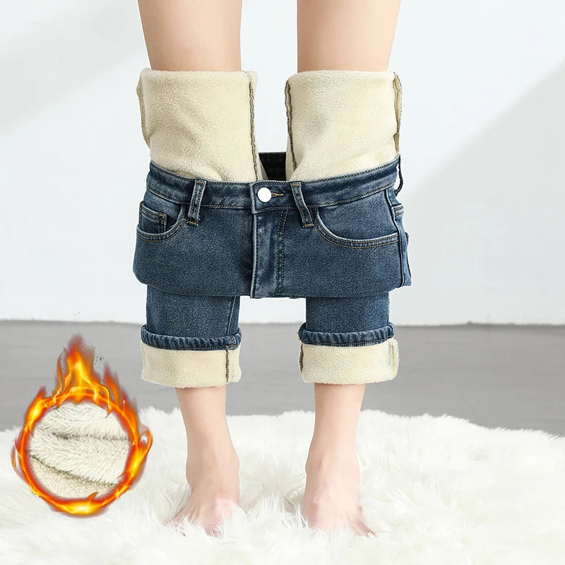 Women's Winter Fleece Warm Jeans Retro Elastic Thickened Comfortable Straight Fashion Korean Casual Female Velvet Denim Pants