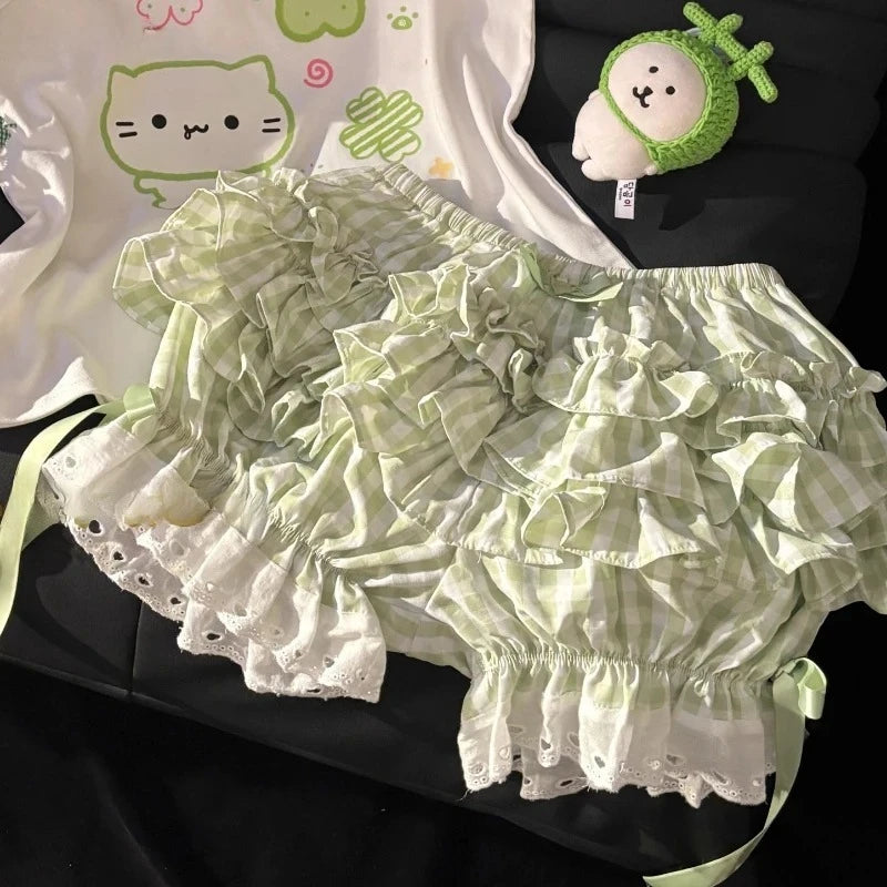Japanese Kawaii Off Shoulder Tops+Plaid Skirt Set Women Cute Clover Print Tee and Lace Trim Mini Skirt Soft Girl Summer Outfit