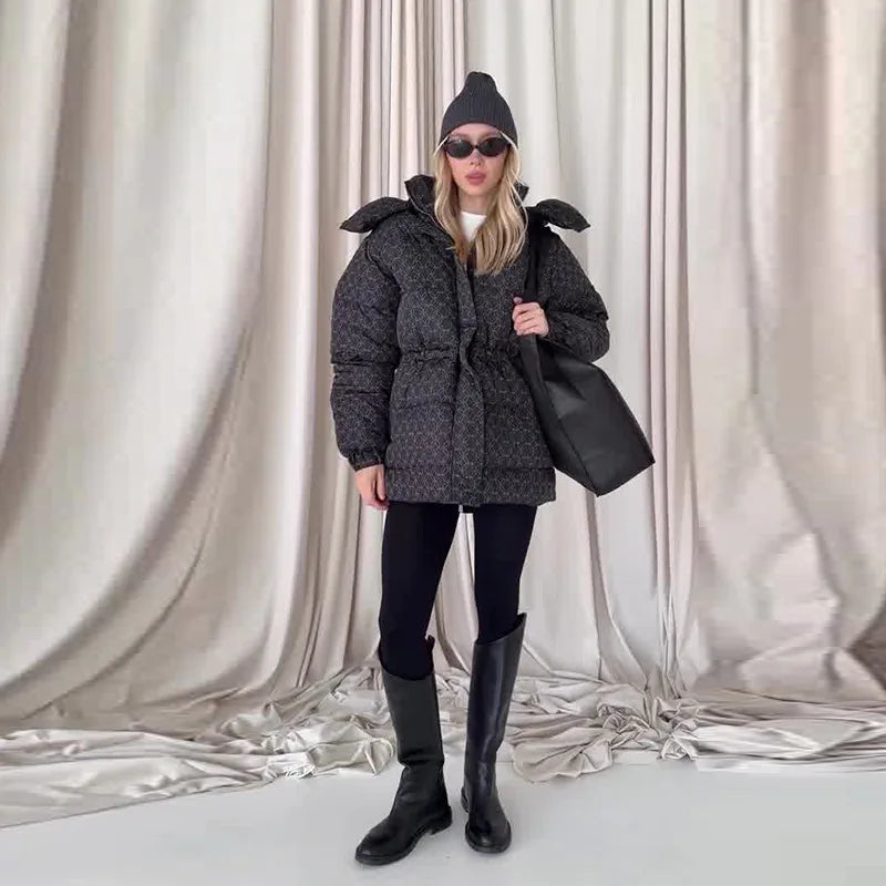 Winter Warm Hooded Cotton Jacket Women Fashion Standneck Zipper Long Sleeves Lace Up Coat 2025 Female Chic Casual Outerwear