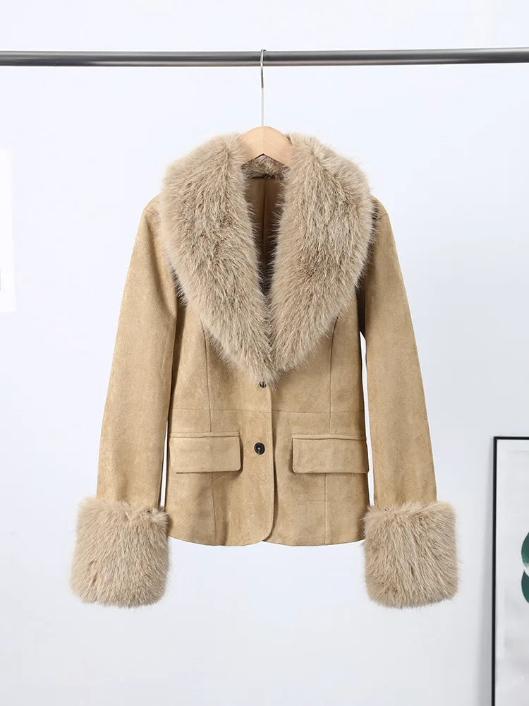 Fashion Faux Fur Suede Patchwork Sleeve Lapel Jacket For Women 2026 Elegant Single Breasted Coat High Street Lady Chic Outerwear