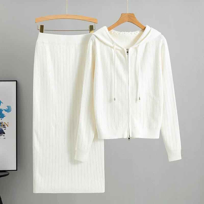 2025 new women's Knitted Cardigan High Waisted Buttocks Wrapped Skirt 2 Piece Suits Luxury Hot Diamond Fashion Sets