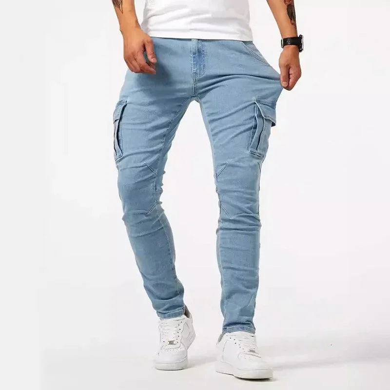 Men Casual Pencil Jeans Male Elastic Multi Pocket Small Slim High Street Denim Pants Wash Solid Color Mid Waist Cargo Jeans 2026