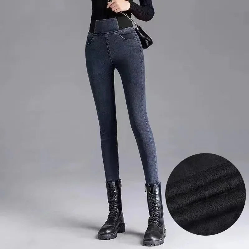 Autumn Winter New Women's Fleece Lined Slim Fit Jeans Elastic Waist Denim Pants High Waist Thermal Design Sensation Jeans