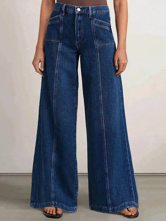 "Women’s Deep Blue Wide Leg Jeans - Stylish Denim Trousers for Comfort and Versatility