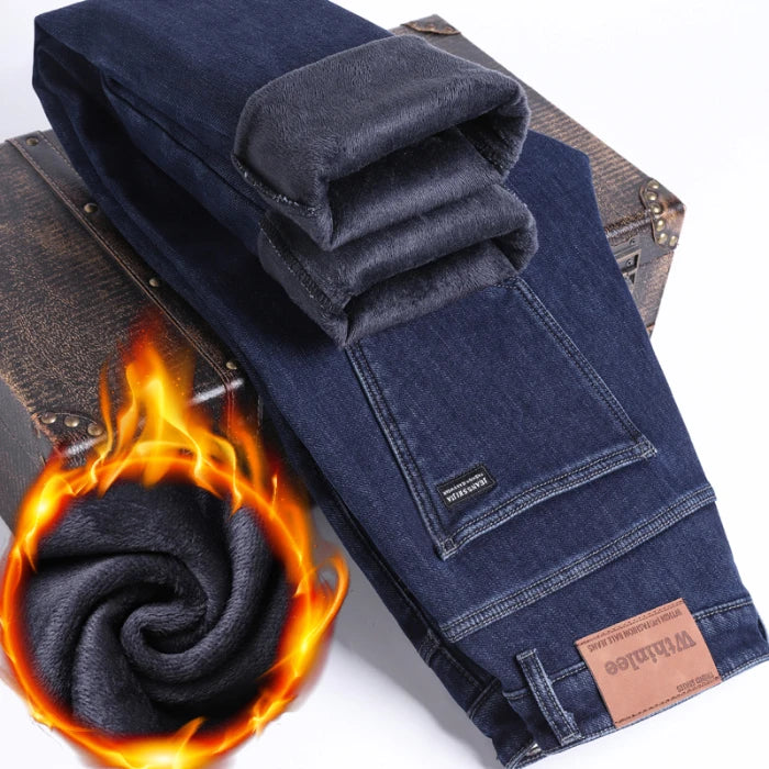 Fleece Jeans Winter Men Black Straight Stretch Denim Thick Velvet Pants Warm Jeans Casual Fleece Line Trousers Male Plus Size