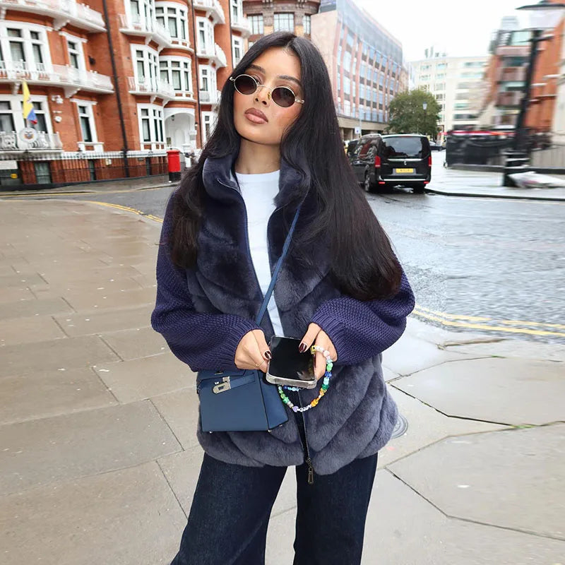 Street Women's Jacket Stand Collar Full Sleeve Faux Fur Solid Zipper Female Jackets 2025 Autumn Fashion Chic Cozy Lady Outwears