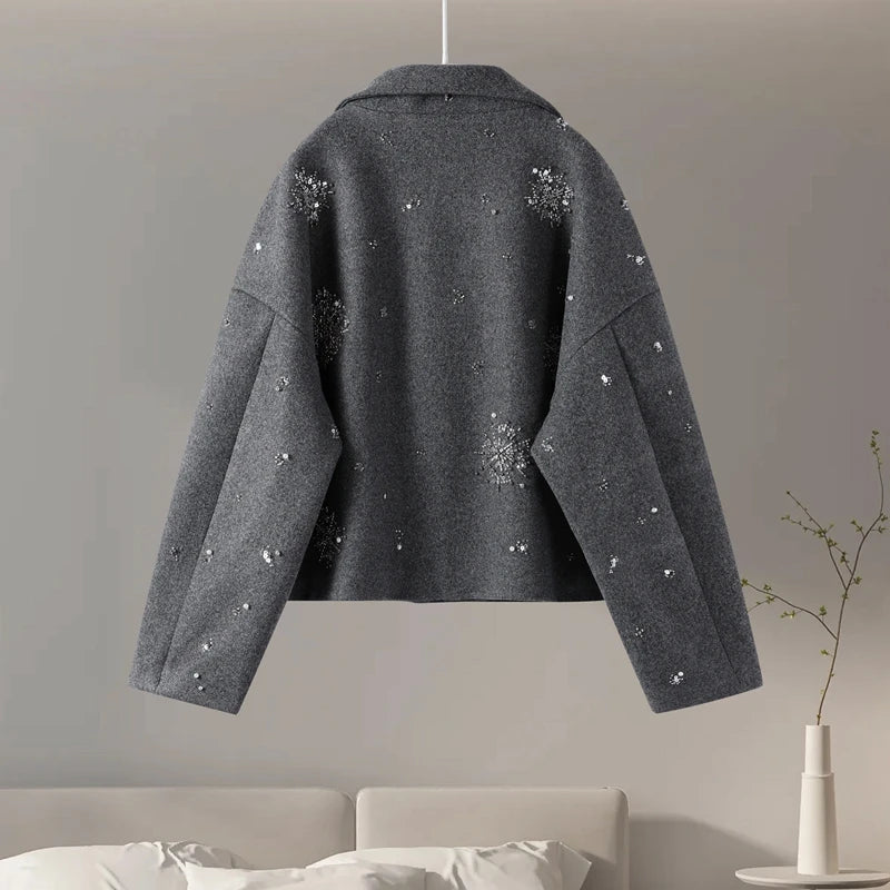 Casual Embroidery Beading Loose Women Coat Lapel Collar Bat Sleeve Solid Wool Blend Jacket 2025 New Lady Luxury Spring Outerwear