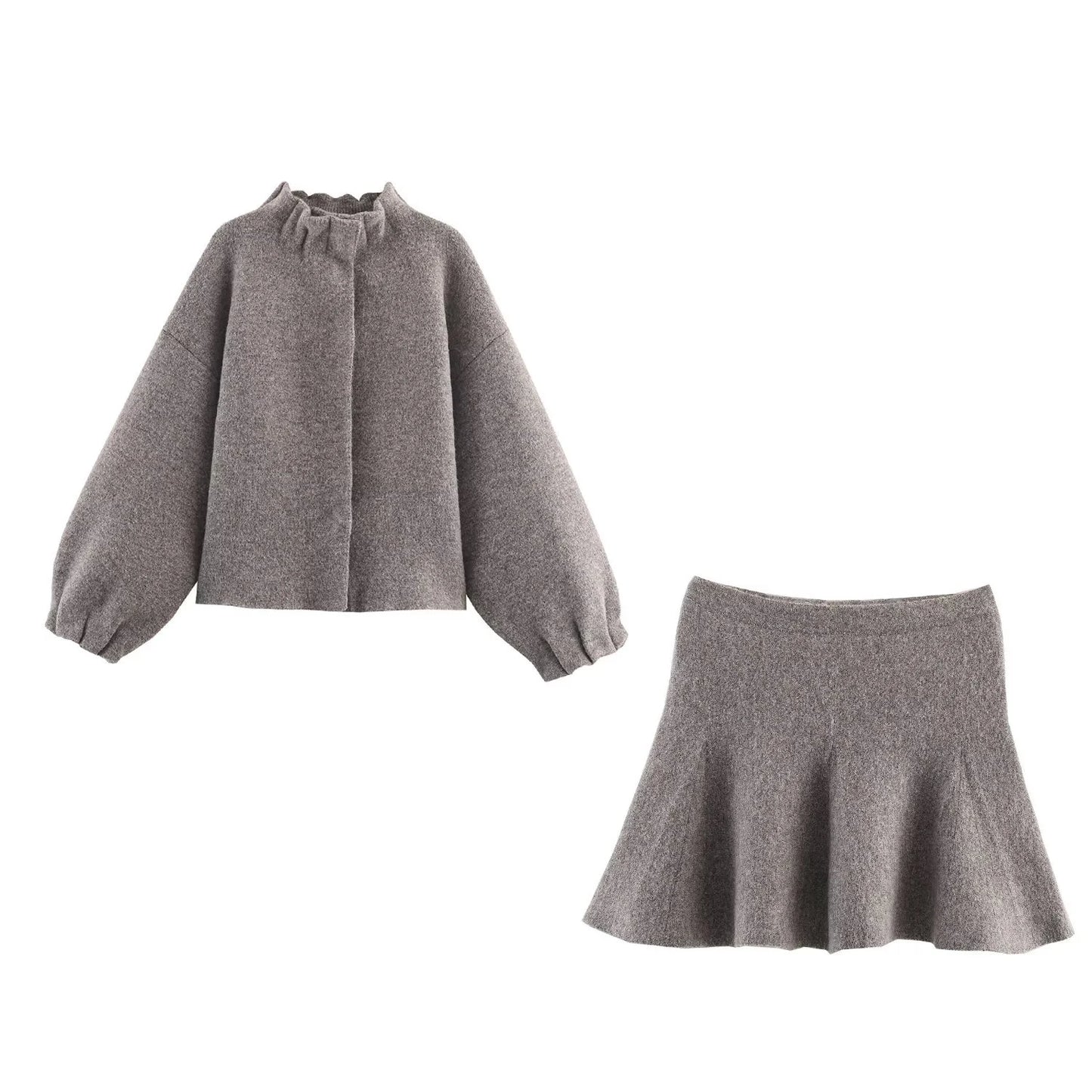 DEEABAE New autumn and winter fashion women's stand up collar loose and slimming versatile knitted jacket half skirt set