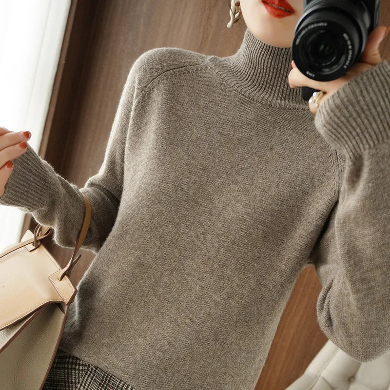 Fashion Basic Autumn Winter Merino Wool Sweater Mock Neck Cashmere Pullover Solid Color Soft Long Sleeve Clothing Tops