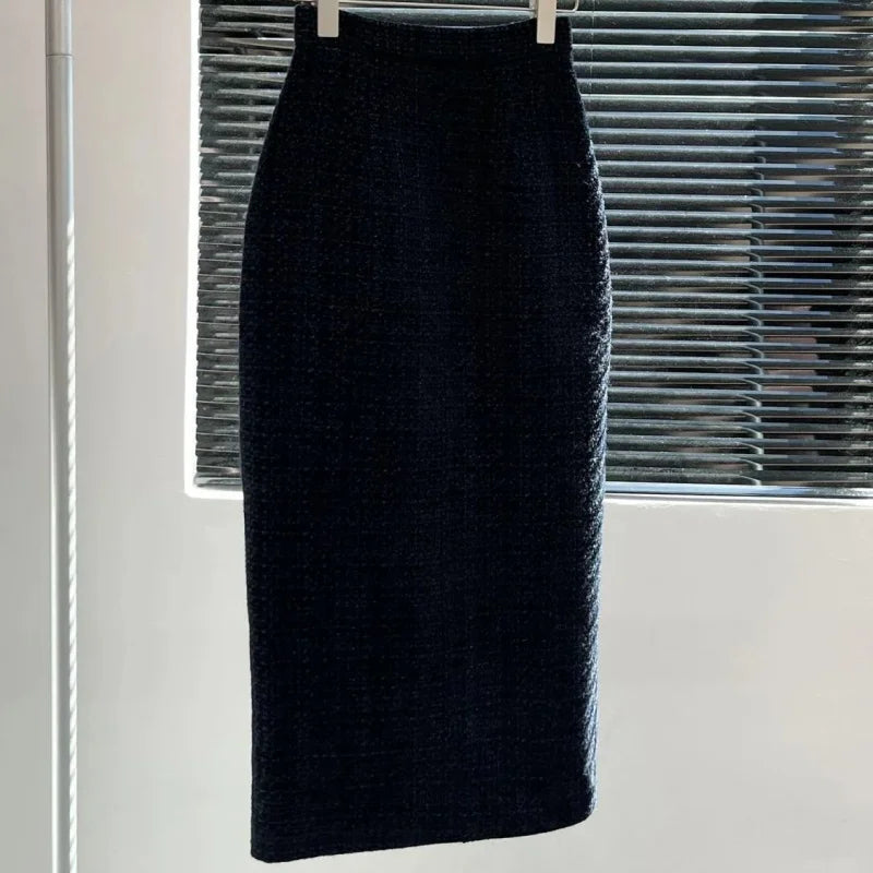 BESTBAFU Autumn Fashion Tweed Set 2-Piece Elegant Office Formal Suit Women Notch Collar Double Breasted Jacket+Midi Skirt 105F