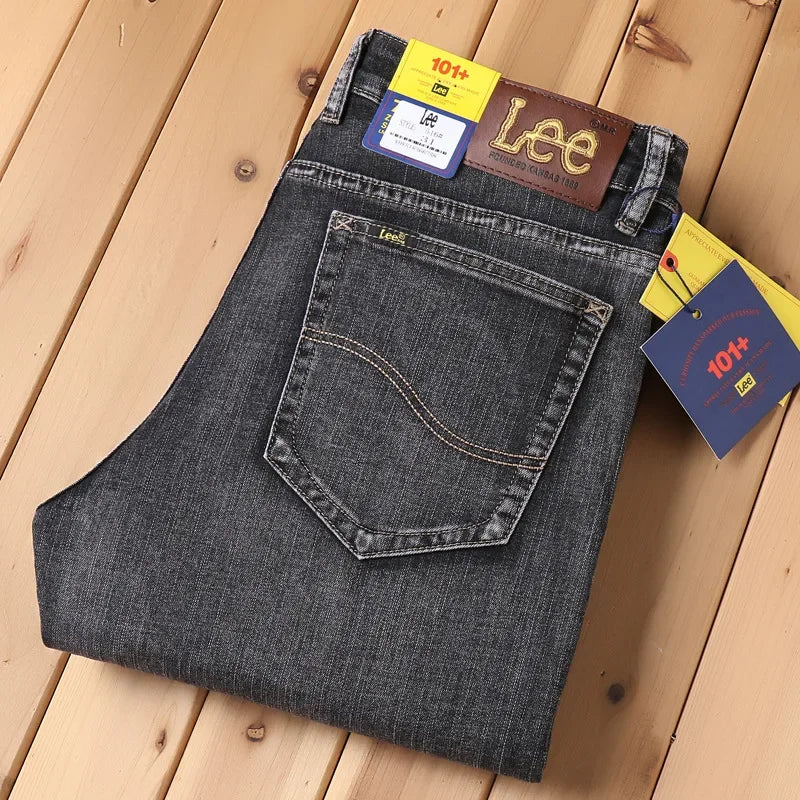 Lee Dex Authentic Jeans Men's Loose Fit Black Straight Leg Pants Casual Business Wear Trousers For Fall/winter Thick Elastic