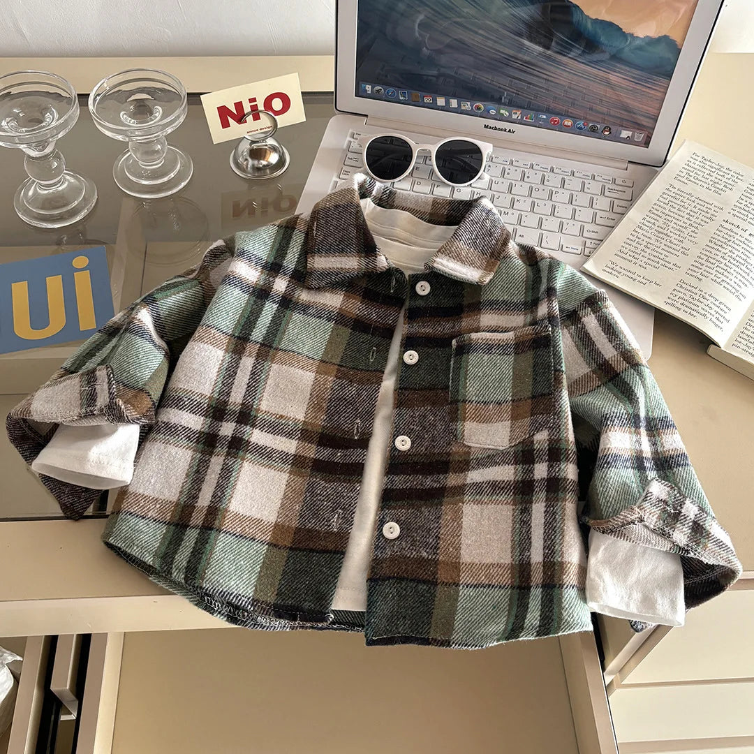 2025 New Autumn Kids Plaid Shirt Long Sleeve Retro Lapel Cardigan Jacket Casual Tops Fashion Outerwear for Boys and Girls