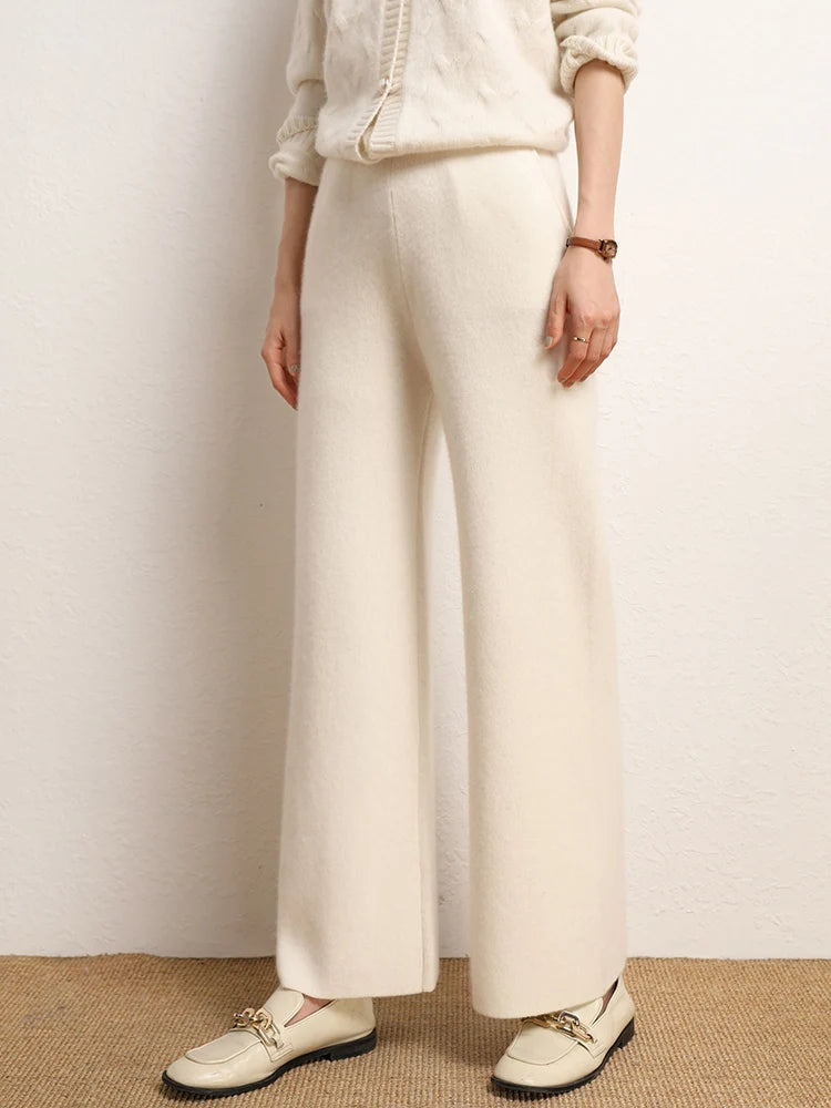 New Chic Women's 100% Cashmere Pants Autumn Winter Wide Leg Pants Simple Style Office Lady Cashmere knitted Trousers Thick Pants