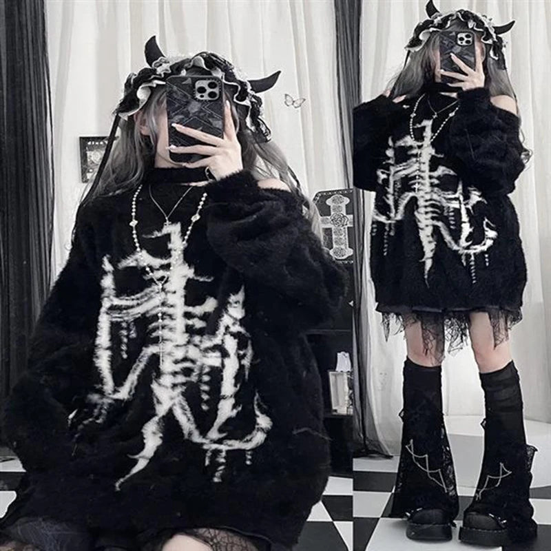Dark Punk Sweater Women Harajuku Y2K Long Sleeve Knit Pullover Black Gothic Street Loose Top American Vintage Lazy Knitwear