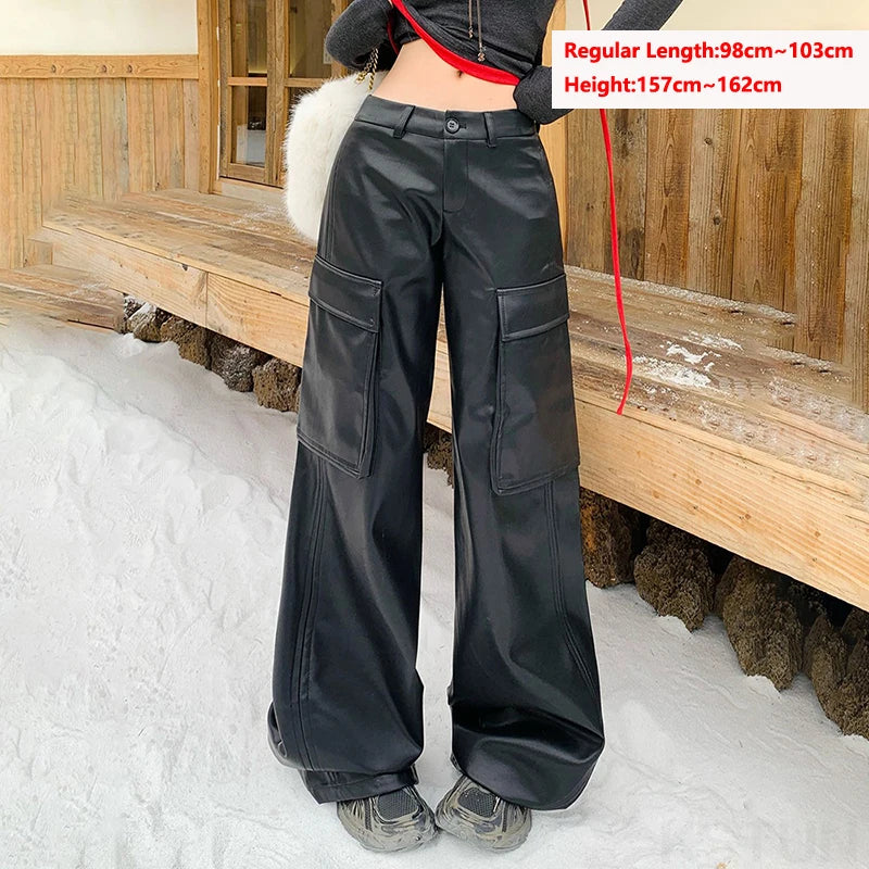 Women Low Waist Cargo Pants Vintage Boyfriend Style Casual Hip Hop Blast Street Pants Wide Leg Trendy Punk Leather Trousers