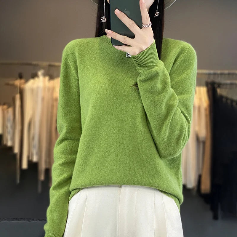 100% Merino Wool Sweater Women O-neck Cashmere Knitwear Female Pullover Autumn Winter Casual Tops Solid Color Soft Clothing