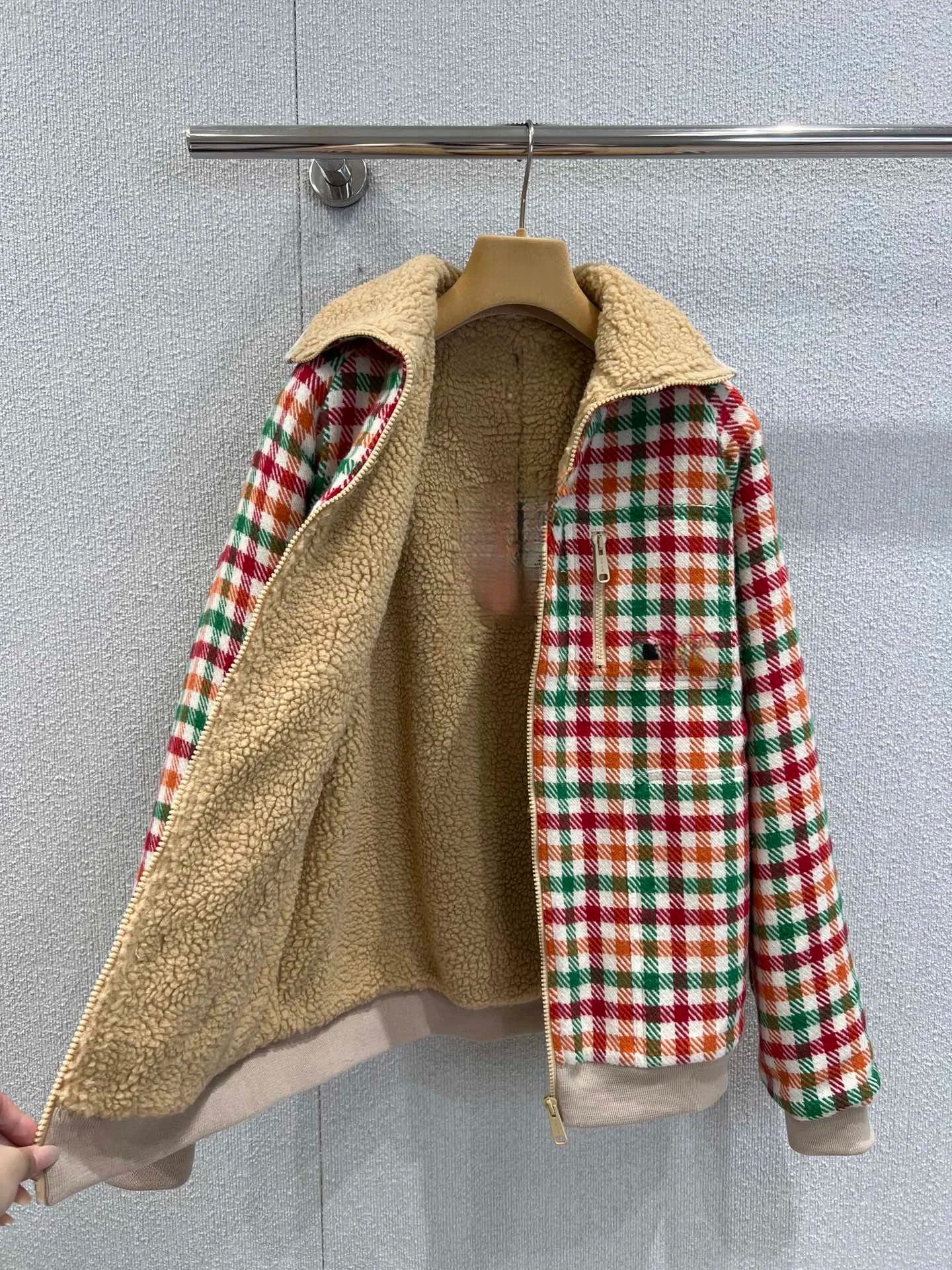 Colorful 2025 New Plaid Eco-friendly Lamb Fur Collar Jacket Coat Fluffy Warm Loose Slim For Women/Men