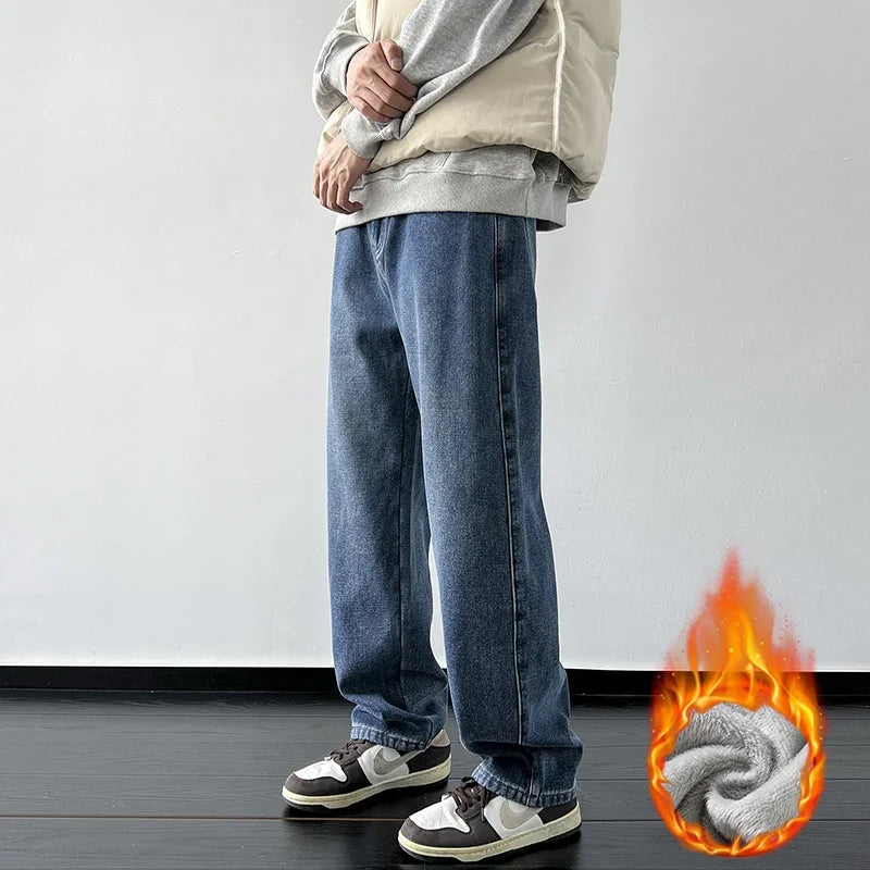 4 Colors Winter Fleece Men's Jeans Baggy Straight Elastic Waist Denim Pants Fashion Korean Thickened Warm Male Thermal Trousers