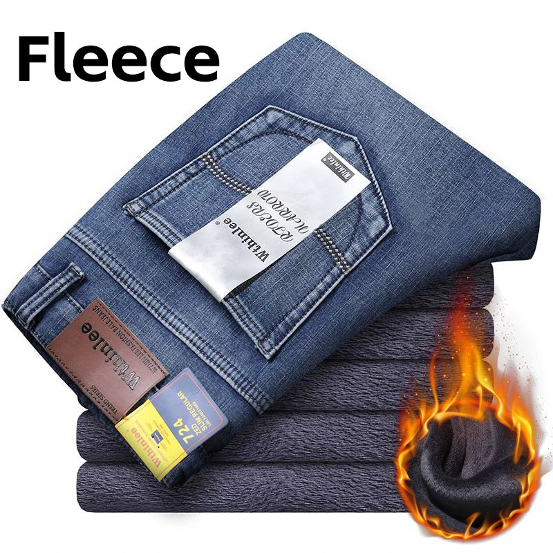 Wthinlee New Business Men's Jeans fleece Casual Straight Stretch Fashion Classic Blue Black Work Denim Trousers Male Clothing