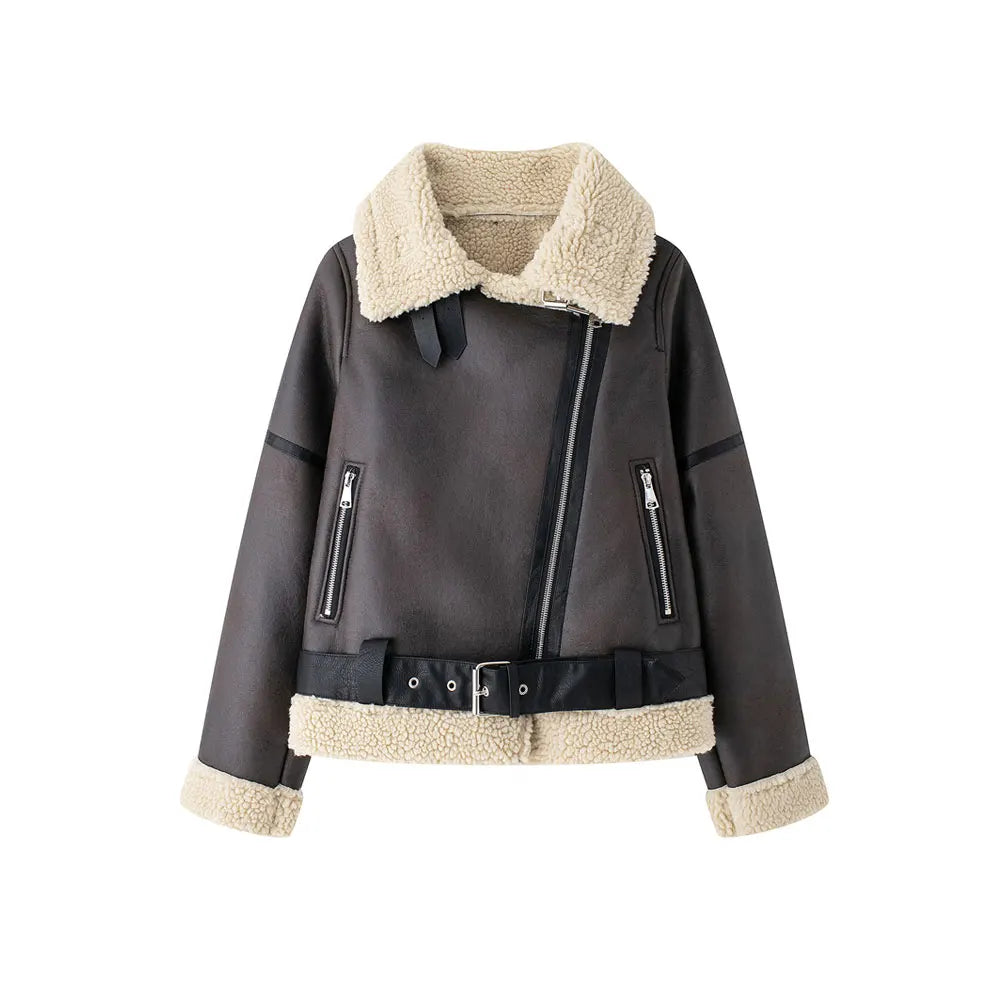 Women's Thick Warm Suede Jacket with Belt, Long Sleeve Coats, Faux Shearing, Female Outerwear, Chic Tops, Winter Fashion