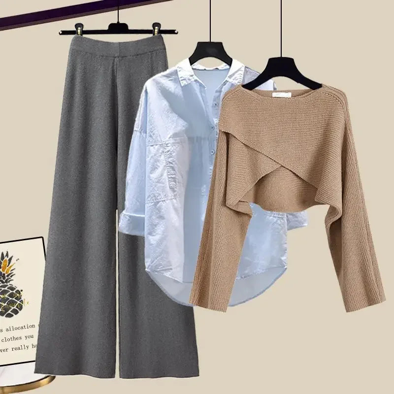 Autumn Knitted Sweater Wide Leg Pants Three Piece Set Plus Size Women's Fashion Slimming Shirt Dress Combo Female Wardrobe