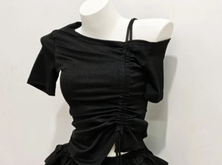 HarajukuTwo Piece Set Women Clothing Drawstring Off Shoulder Tshirts Ruffles Mini Skirt Suit Roupas Femme Goth Summer Outfits