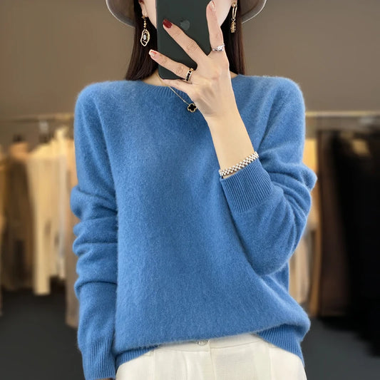 100% Merino Wool Sweater Women O-neck Cashmere Knitwear Female Pullover Autumn Winter Casual Tops Solid Color Soft Clothing
