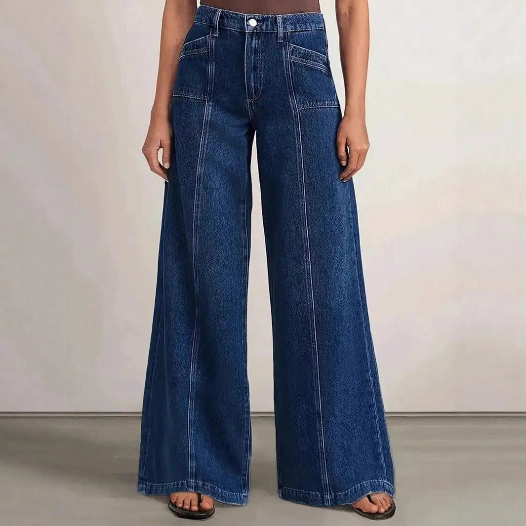 "Women’s Deep Blue Wide Leg Jeans - Stylish Denim Trousers for Comfort and Versatility