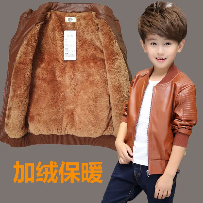 Boys Plus Velvet Thick Leather Jackets Kids Girls Autumn Winter Coat Fashion Clothing Children's Warm PU Leather Outerwear 2-14Y