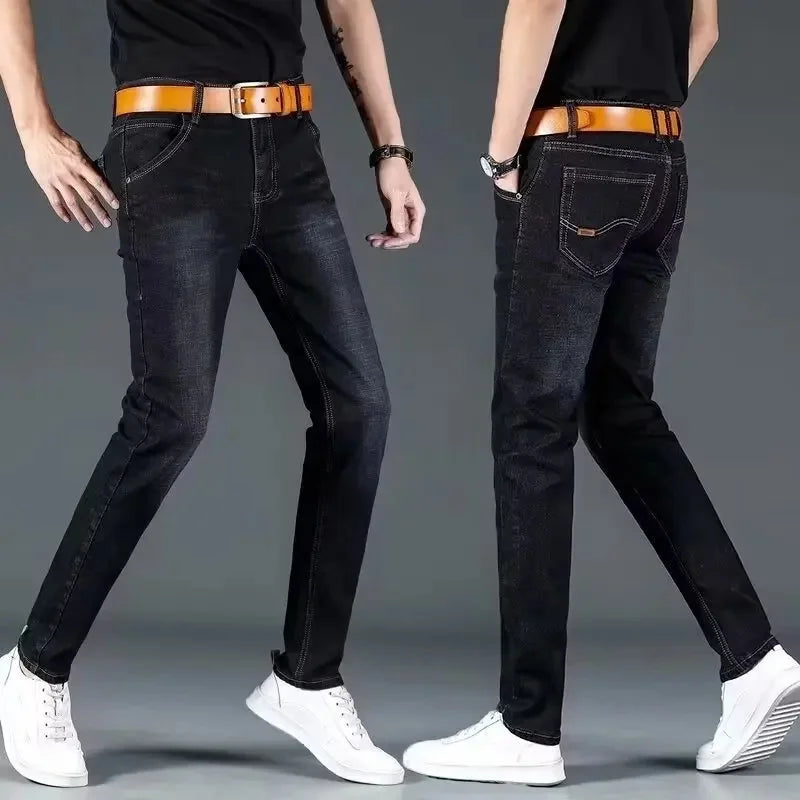 Men's Fleece Lined Loose Straight Leg Jeans Winter Business Casual Trousers for Construction Work Cross-Border Style