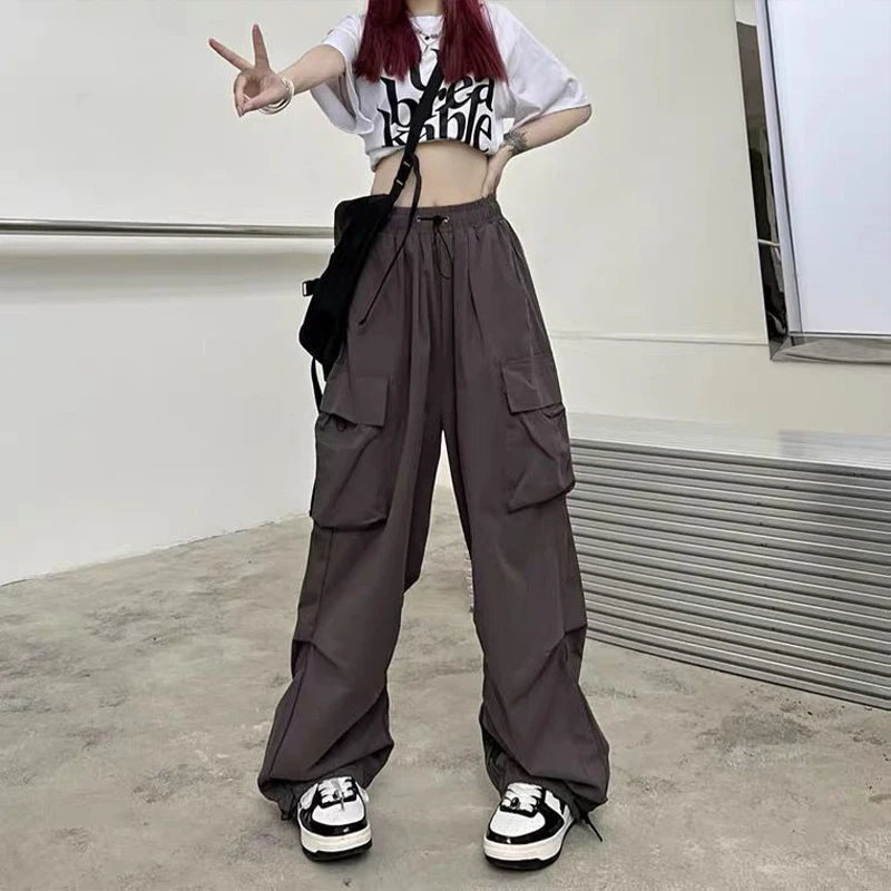 Women Casual Baggy Cargo Pants Solid Low Waist Joggers Tech Pants Drawstring Wide Leg Baggy Trousers Y2K Streetwear Sweatpants