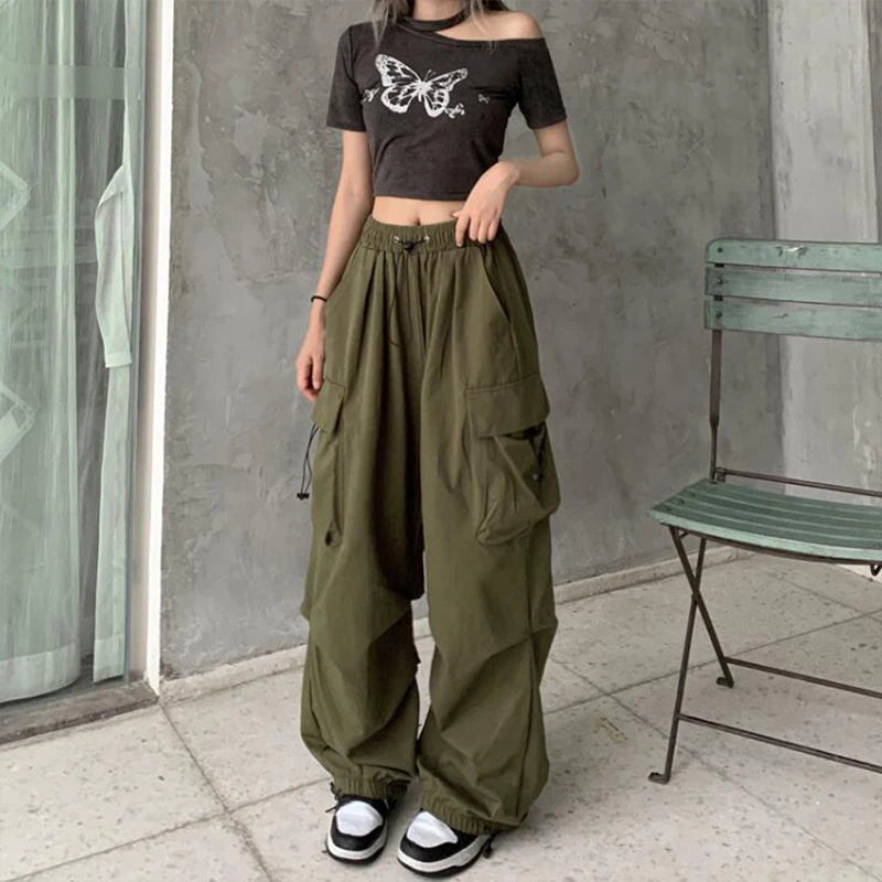 Women Casual Baggy Cargo Pants Solid Low Waist Joggers Tech Pants Drawstring Wide Leg Baggy Trousers Y2K Streetwear Sweatpants