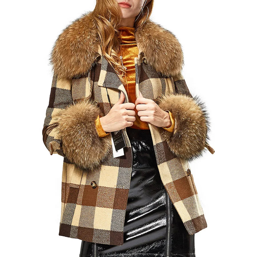 MAOMAOKONG 2022 Autumn Natural Real Raccoon Fur Collar Removable Cuffs Women Plaid Jacket Female Woolen Coat Winter Outerwear