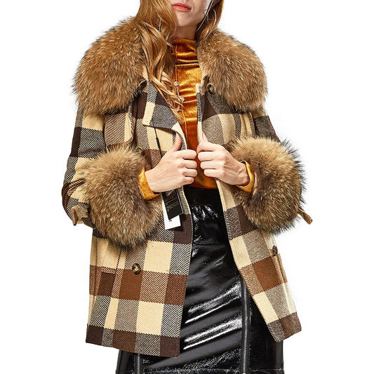 MAOMAOKONG 2022 Autumn Natural Real Raccoon Fur Collar Removable Cuffs Women Plaid Jacket Female Woolen Coat Winter Outerwear