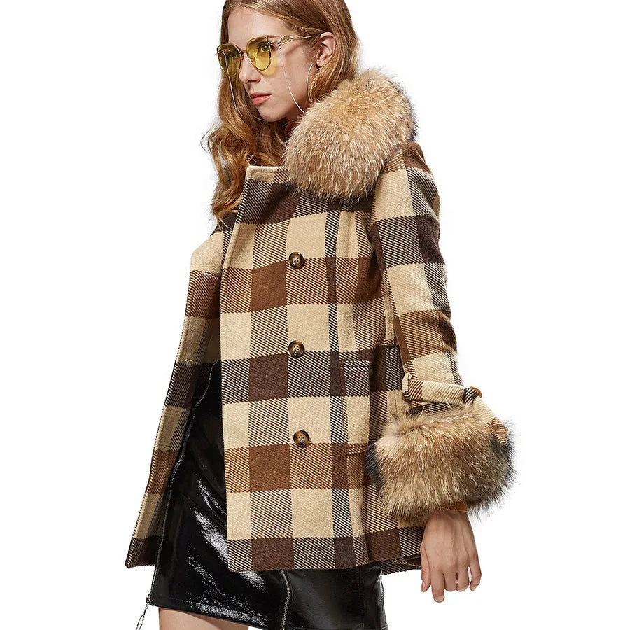 MAOMAOKONG 2022 Autumn Natural Real Raccoon Fur Collar Removable Cuffs Women Plaid Jacket Female Woolen Coat Winter Outerwear