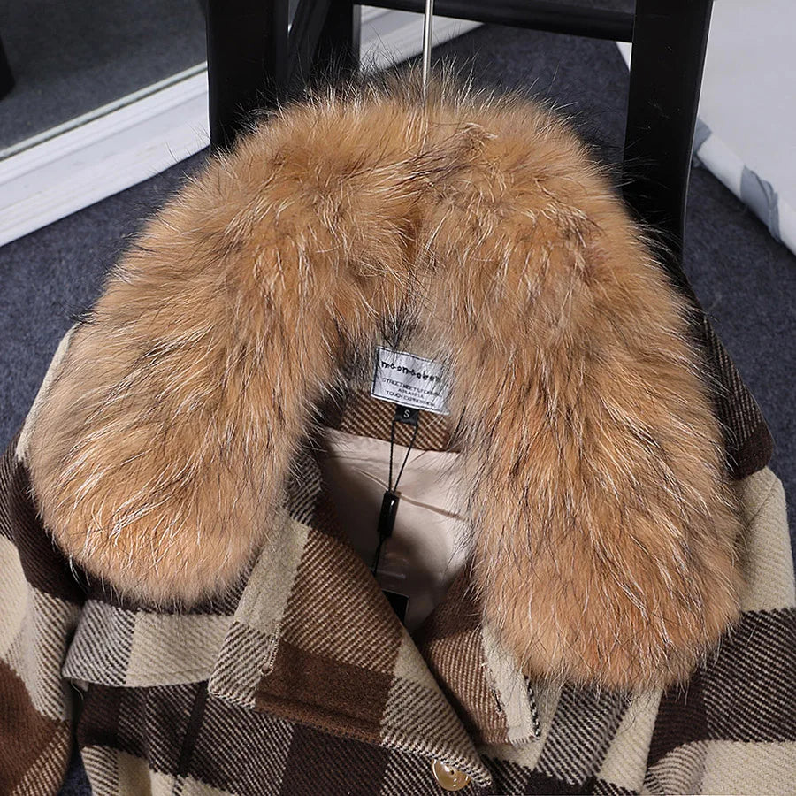 MAOMAOKONG 2022 Autumn Natural Real Raccoon Fur Collar Removable Cuffs Women Plaid Jacket Female Woolen Coat Winter Outerwear