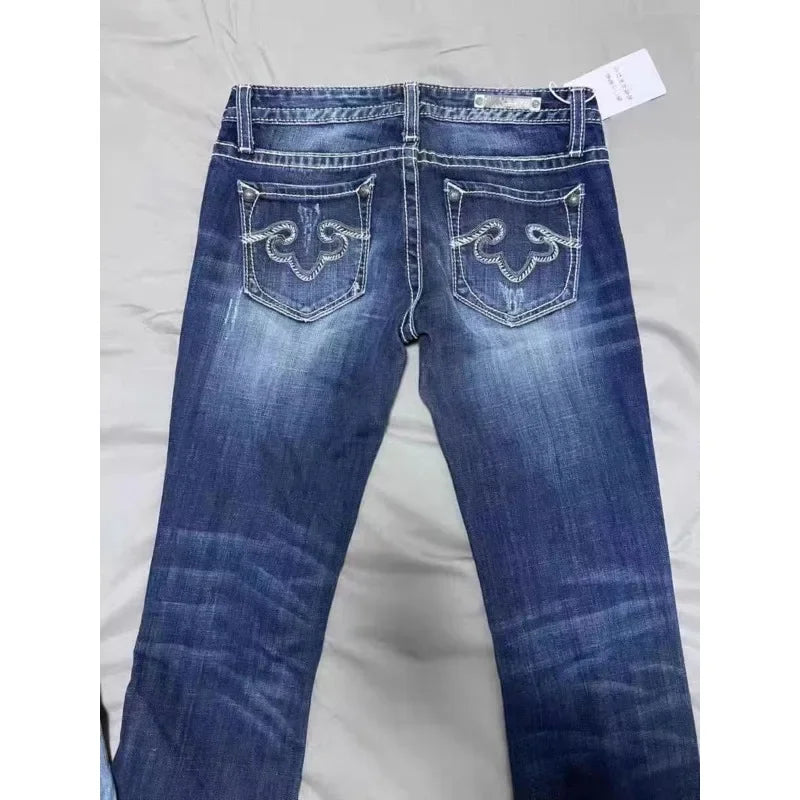 Blue Low Rise Flare Jeans Vintage 2000s Slim-fitting Denim Pants Korean Style Women Trousers y 2 k Distressed Mom 90s