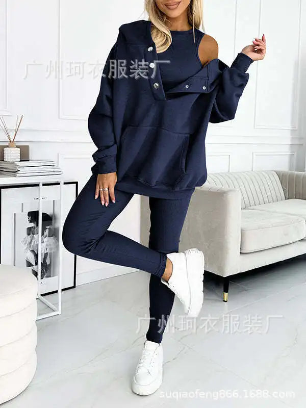 2024 Amazon Cross-border Women's Sporty Hooded Sweatshirt Thickened Screw Threads Slimming Smooths Silhouette Vest Pants Set
