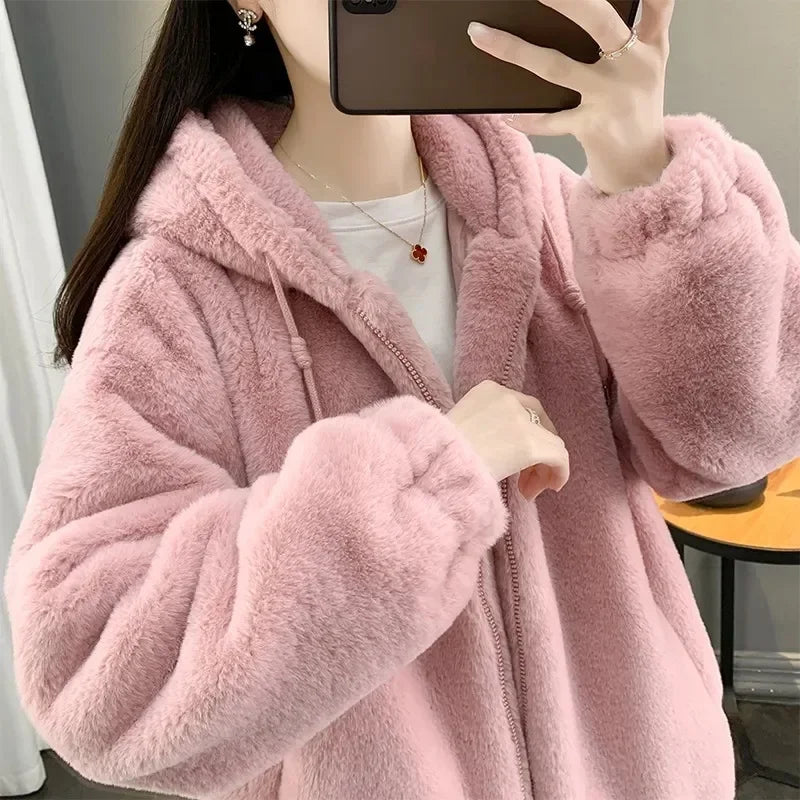Double-Sided Long Plush Jacket Women's Loose Thickened Warm Coat with Hood V-Neck Chinese Brand Female Outerwear Coat