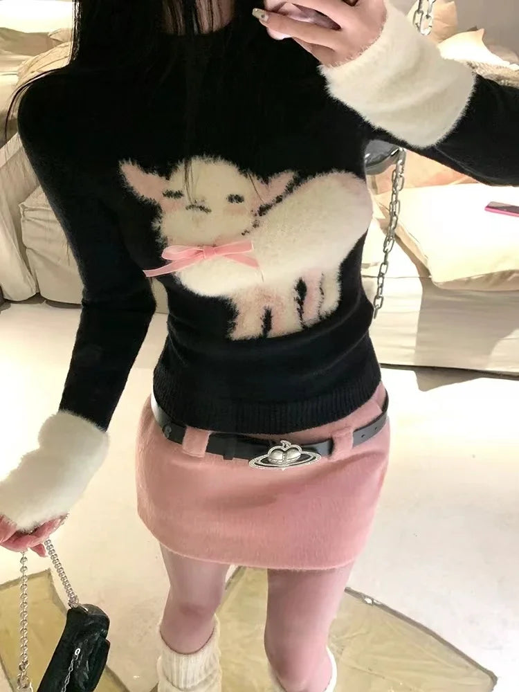 Winter Vingate New 2 Piece Set Women Patchwork Elegant Y2k Knitted Skirt Suit Female Korean Fashion Design Casual Belt Set 2025