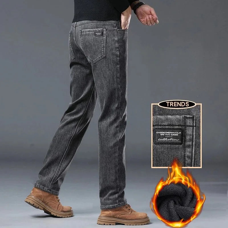 Winter Warm Jeans Men's Slim Straight Elastic Denim Pants Casual Male Clothing Fashion Plush Trousers New Hot Sale Fashion Jeans