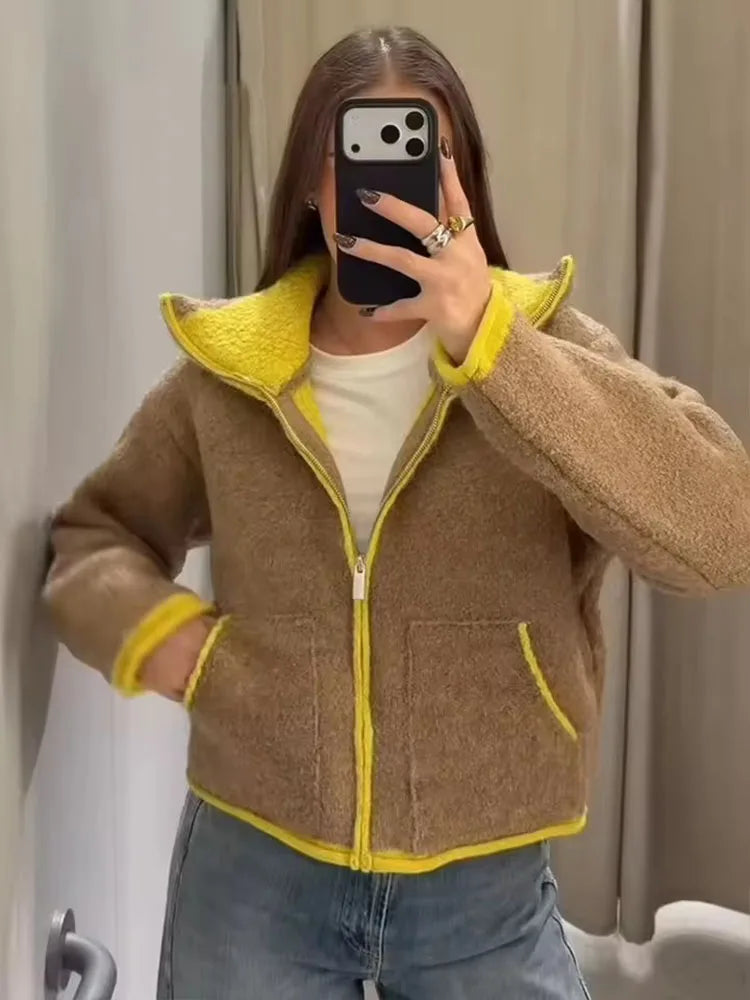 2025 Autumn Casual Jacket Coat Fashion Contrast Color Design Long Sleeve Zipper Jackets For Women Streetwear Casual Outerwear ﻿