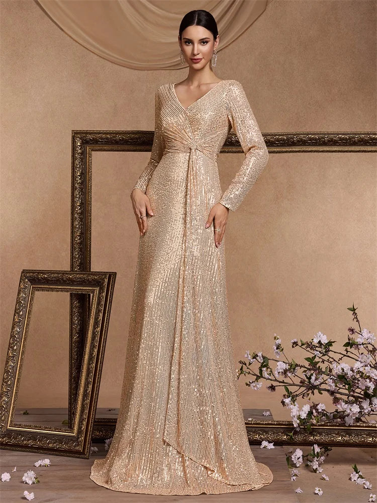 XUIBOL Luxury Long Sleeve V-Neck Evening Dress 2024 Women Wedding Party Sequins For Female Guests Red Prom Cocktail Dresses