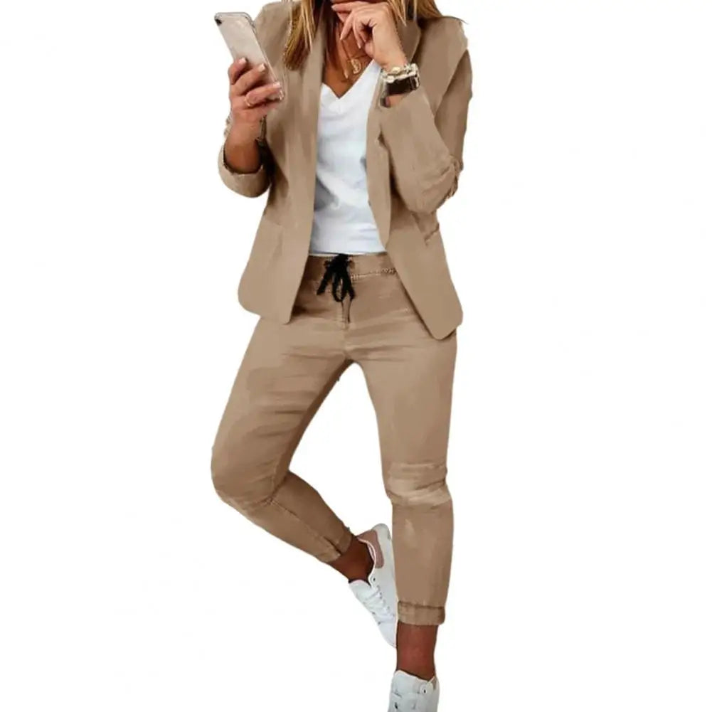 Women Coat Pants Set Elegant Women's Business Suit Set with Long Sleeves Slim Fit Pants Solid Color Drawstring for Ladies