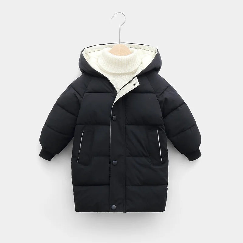 2 3 4 5 6 8 10 Years Girls Jacket Winter Long Style Solid Color Thick Keep Warm Hooded Outerwear For Boys Down Cotton Snowsuit