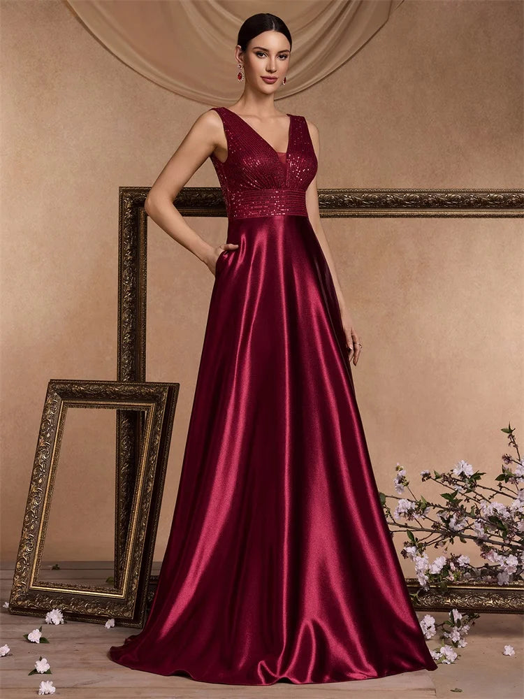 Lucyinlove Elegant Sequins Evening Dresses Luxury Women Deep V-neck Satin Prom Party Floor Length Formal Cocktail Gowns